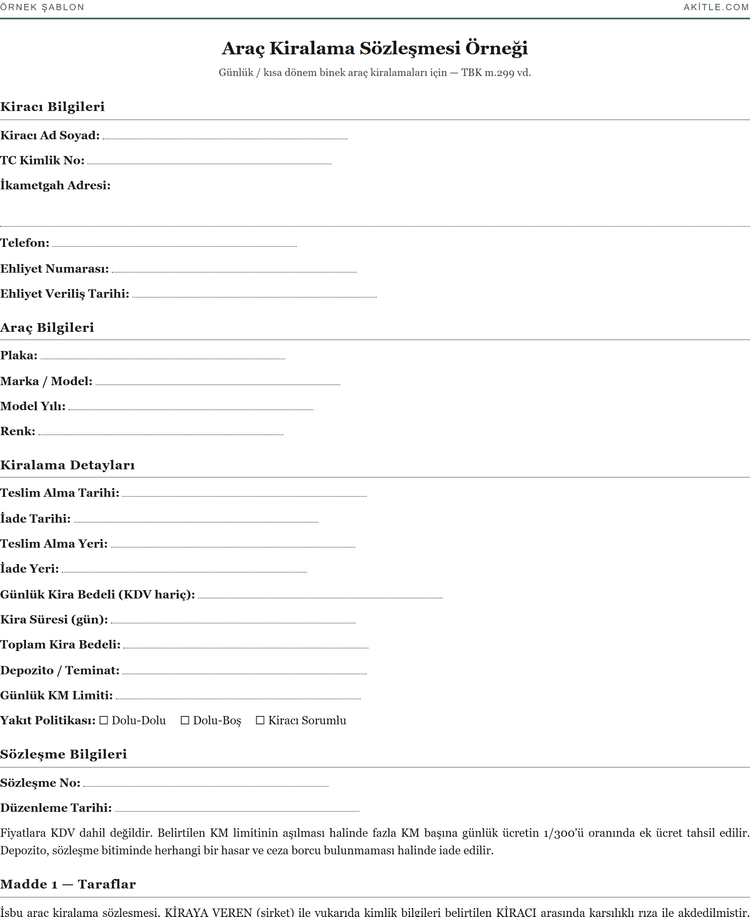 Vehicle rental contract example — first-page preview