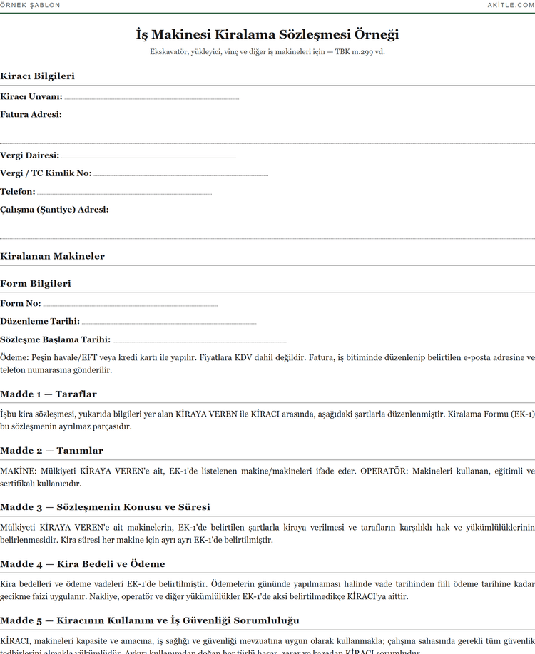 Heavy equipment rental contract example — first-page preview